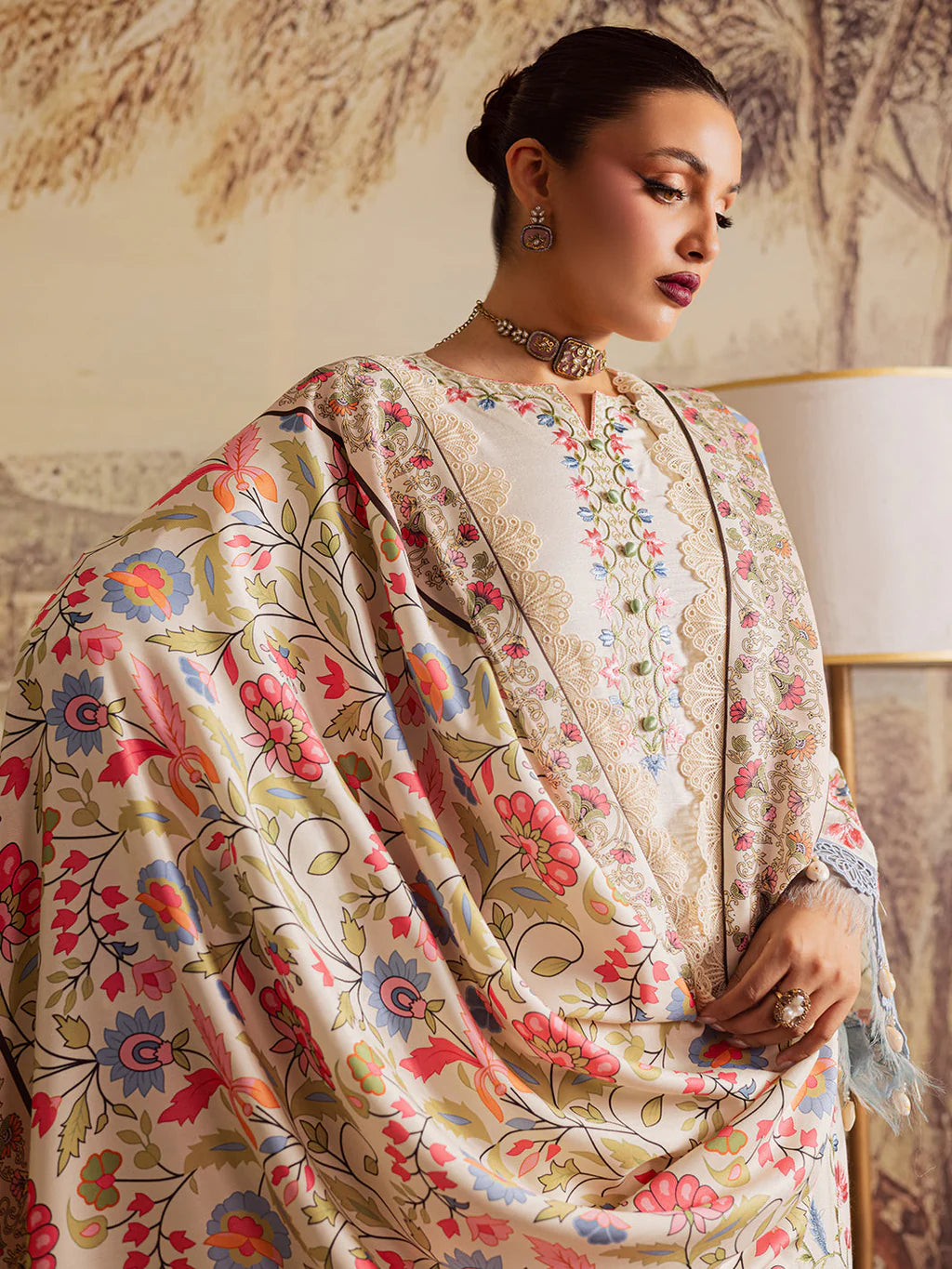 MAHNUR - 3PC DHANAK EMBROIDERED SHIRT WITH TWILL PRINTED SHAWL AND TROUSER - HZU2532