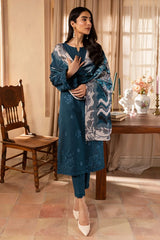 NUREH - 3PC DHANAK EMBROIDERED SHIRT WITH TWILL PRINTED SHAWL AND TROUSER - HZG2392