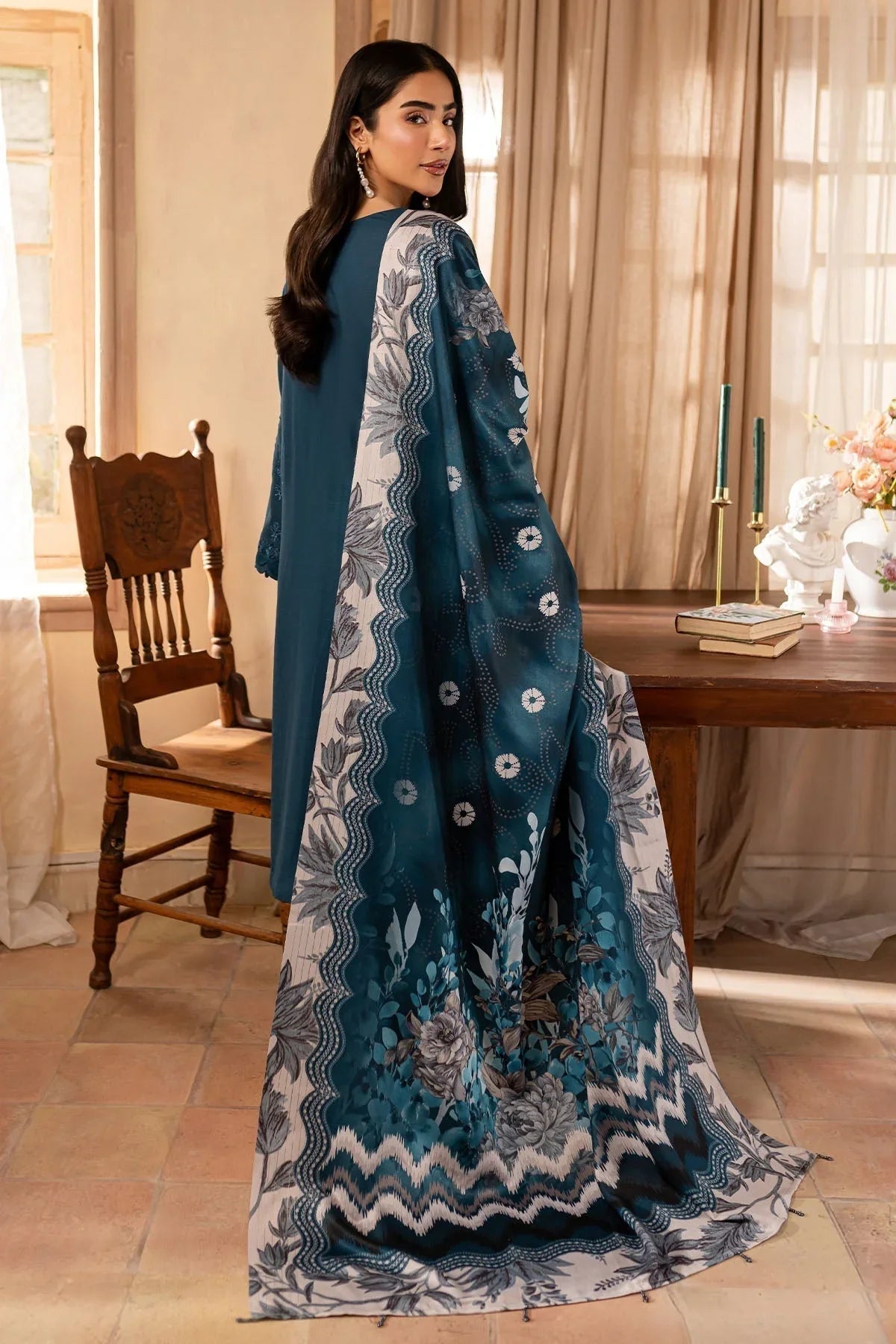 NUREH - 3PC DHANAK EMBROIDERED SHIRT WITH TWILL PRINTED SHAWL AND TROUSER - HZG2392