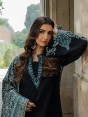 IZEL - 3PC KHADDAR EMBROIDERED SHIRT WITH TWILL PRINTED SHAWL AND TROUSER - HZU2587