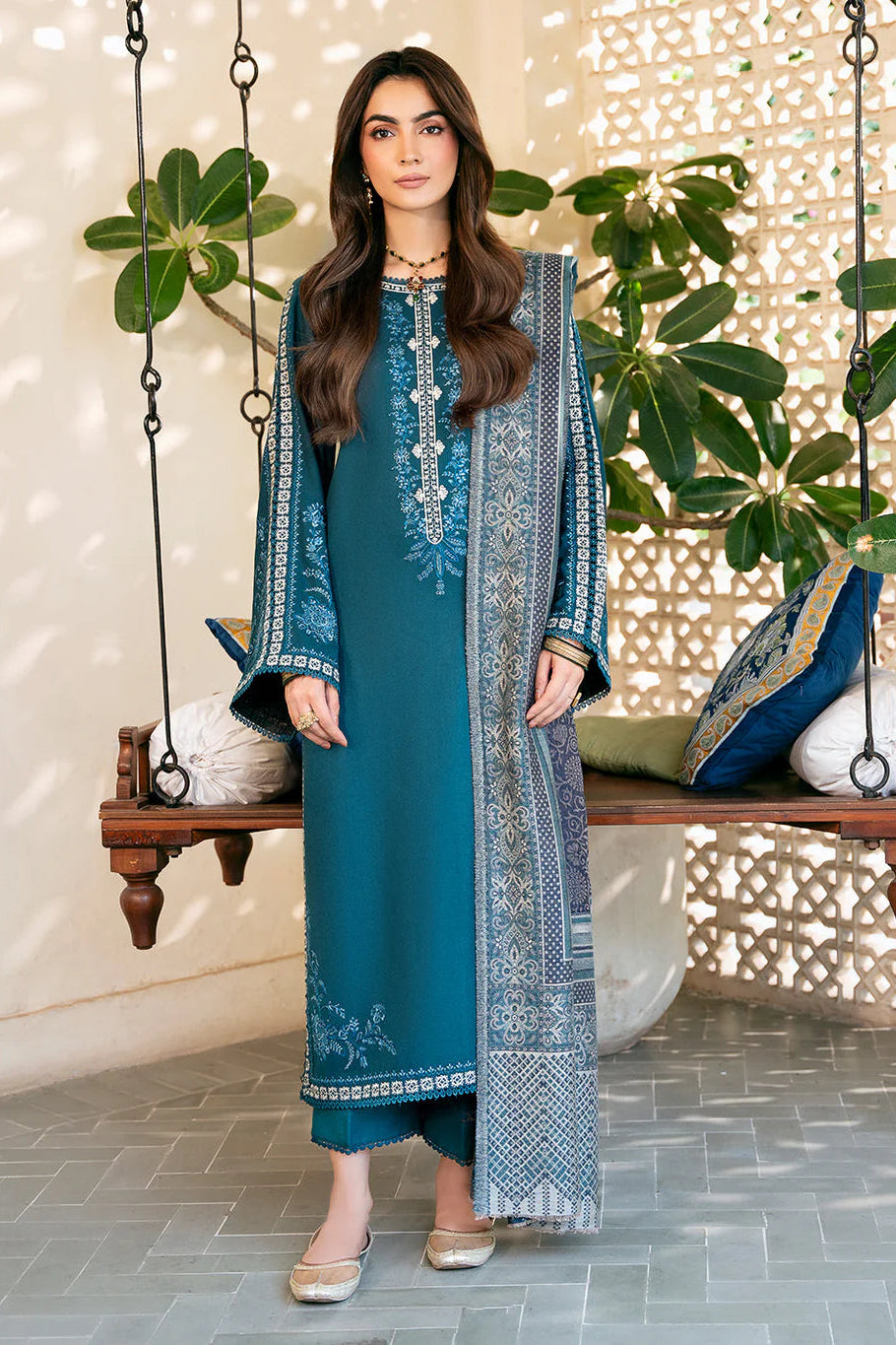 IZEL - 3PC DHANAK EMBROIDERED SHIRT WITH TWILL PRINTED SHAWL AND TROUSER - HZG2600