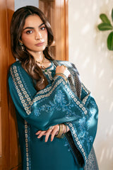 IZEL - 3PC DHANAK EMBROIDERED SHIRT WITH TWILL PRINTED SHAWL AND TROUSER - HZG2600