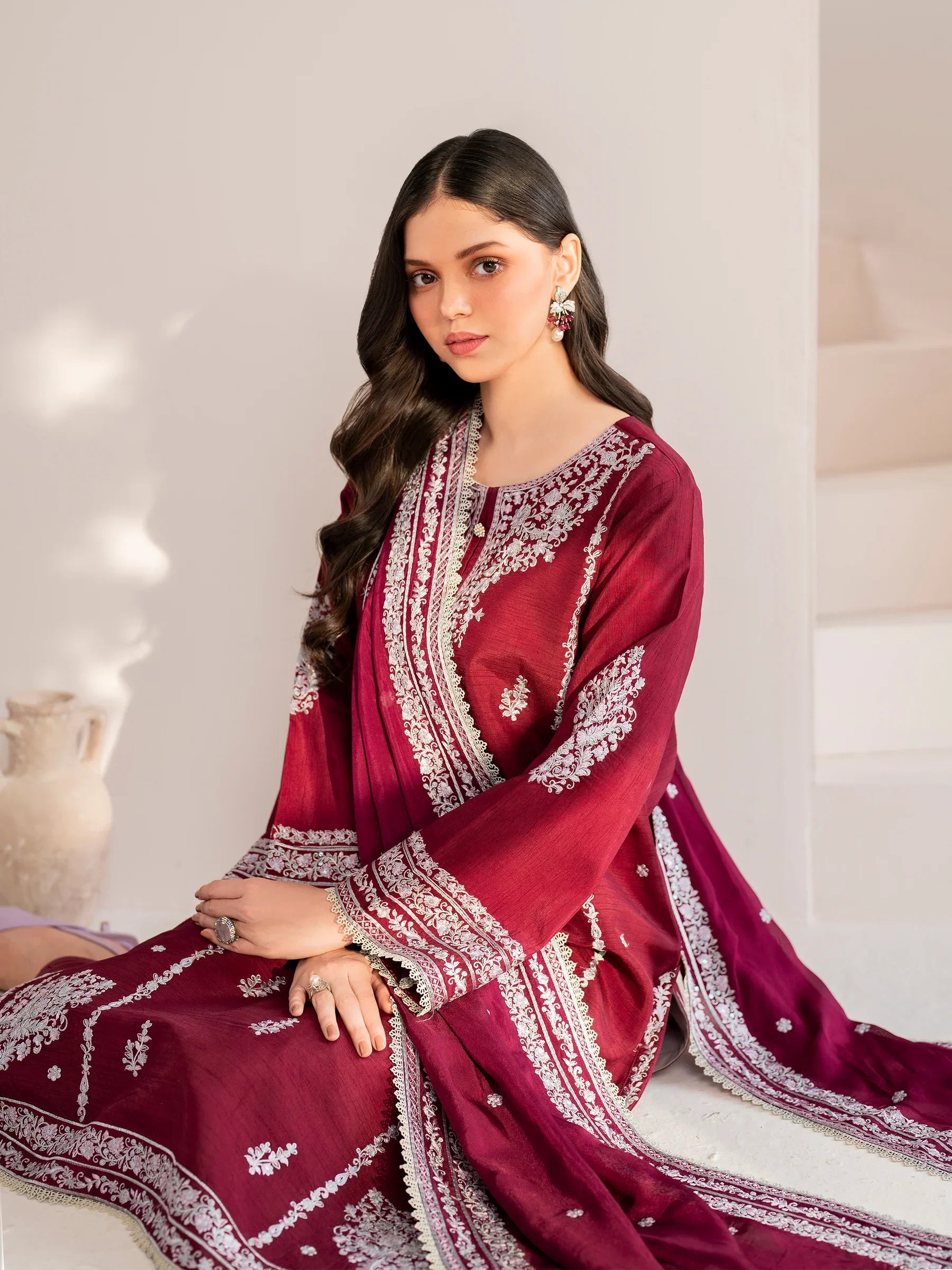 GARNET - 3PC LAWN EMBROIDERED SHIRT WITH CHIFFON EMBROIDERED DUPATTA AND TROUSER - HZG2099