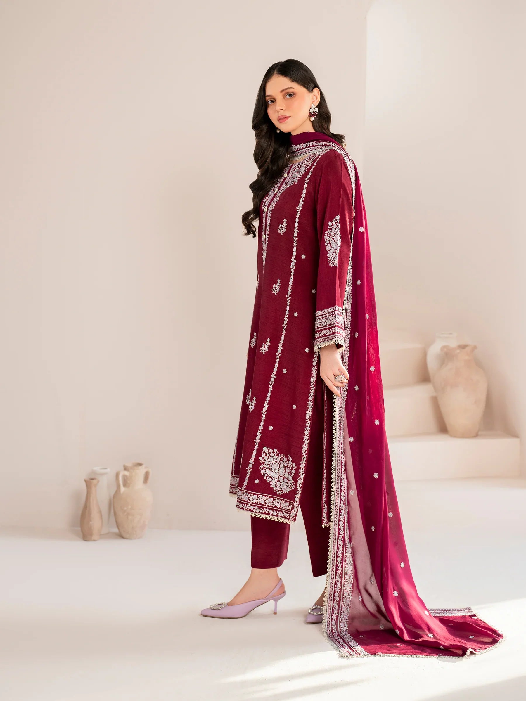 GARNET - 3PC LAWN EMBROIDERED SHIRT WITH CHIFFON EMBROIDERED DUPATTA AND TROUSER - HZG2099