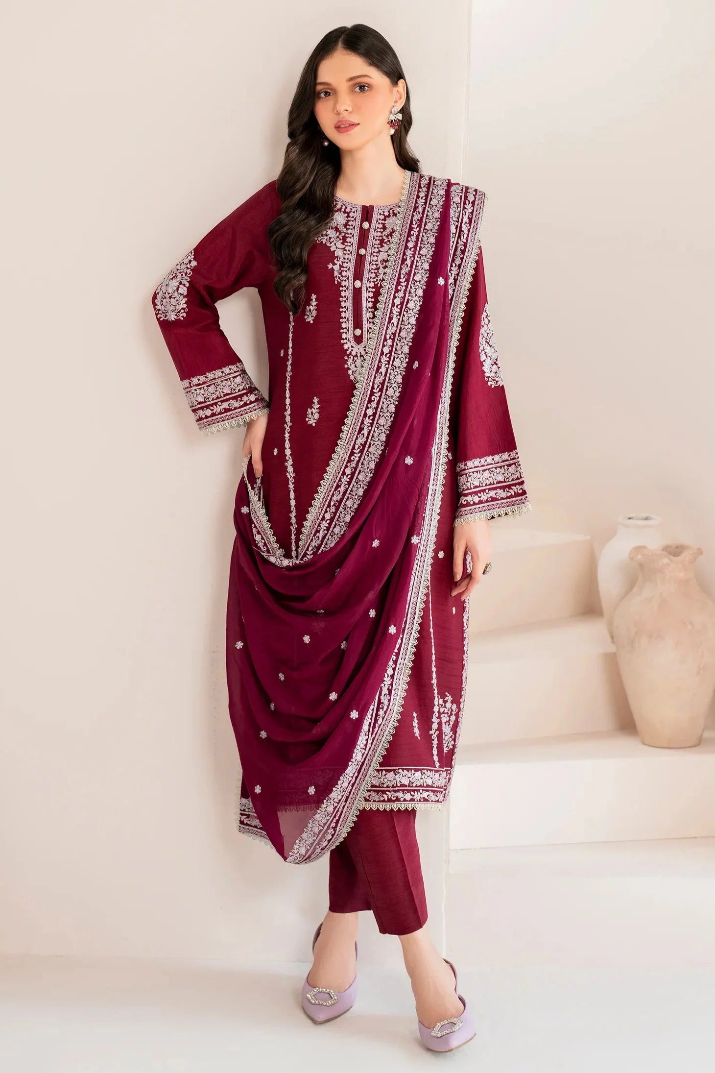 GARNET - 3PC LAWN EMBROIDERED SHIRT WITH CHIFFON EMBROIDERED DUPATTA AND TROUSER - HZG2099