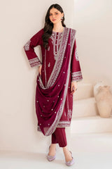 GARNET - 3PC LAWN EMBROIDERED SHIRT WITH CHIFFON EMBROIDERED DUPATTA AND TROUSER - HZG2099