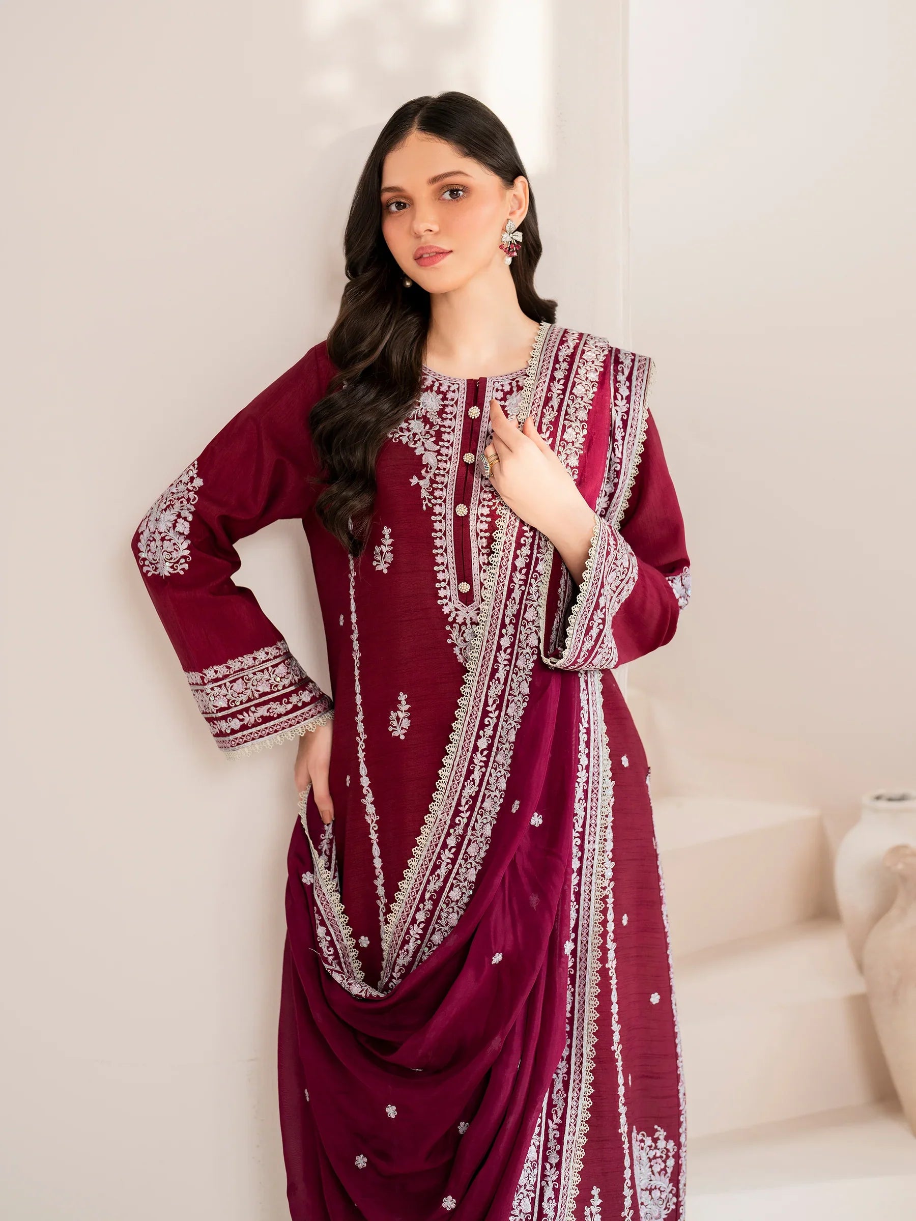 GARNET - 3PC LAWN EMBROIDERED SHIRT WITH CHIFFON EMBROIDERED DUPATTA AND TROUSER - HZG2099