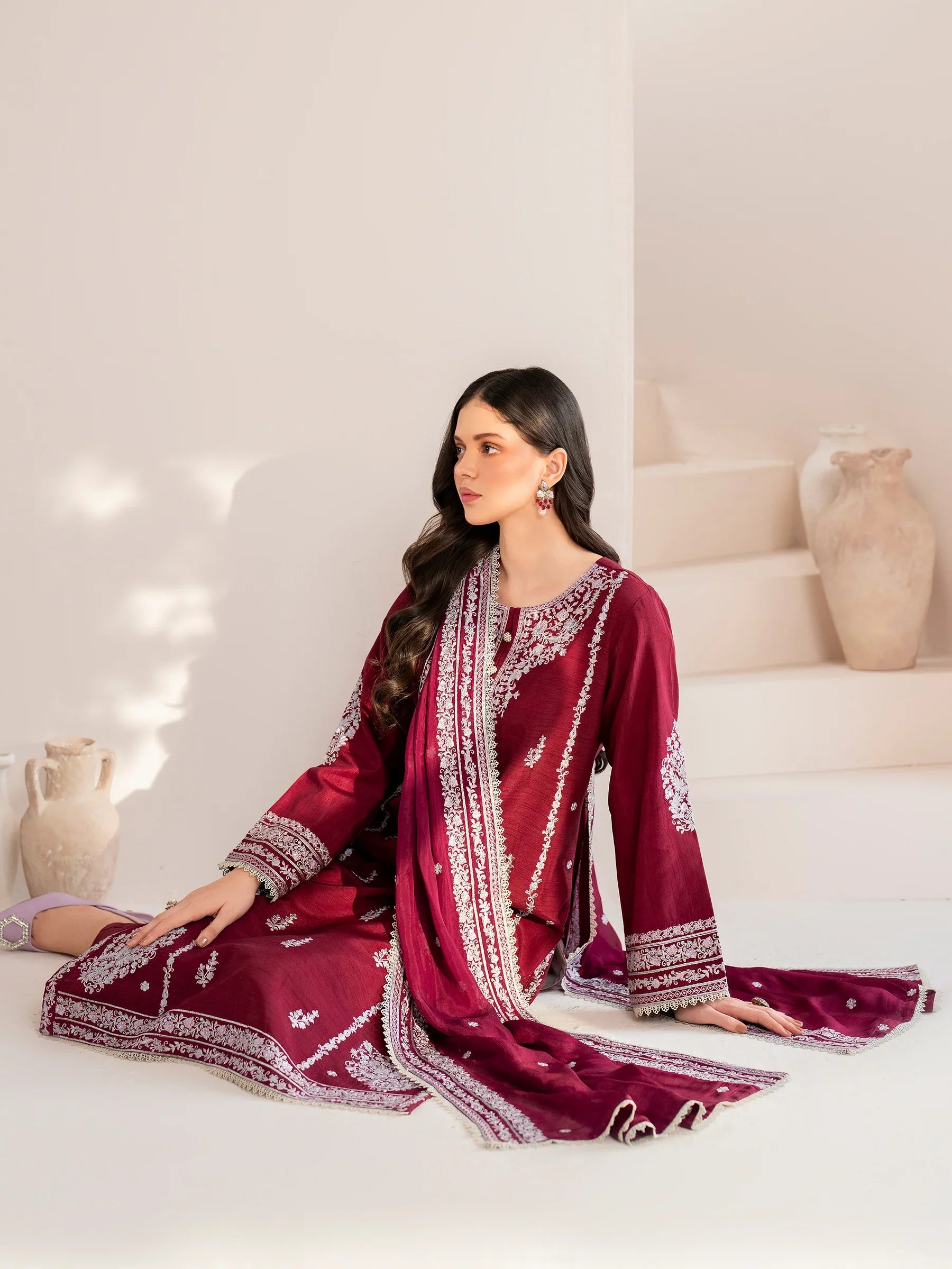 GARNET - 3PC LAWN EMBROIDERED SHIRT WITH CHIFFON EMBROIDERED DUPATTA AND TROUSER - HZG2099