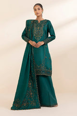SAPPHIRE - 3PC DHANAK EMBROIDERED SHIRT WITH DHANAK EMBROIDERED SHAWL AND TROUSER - HZG2381