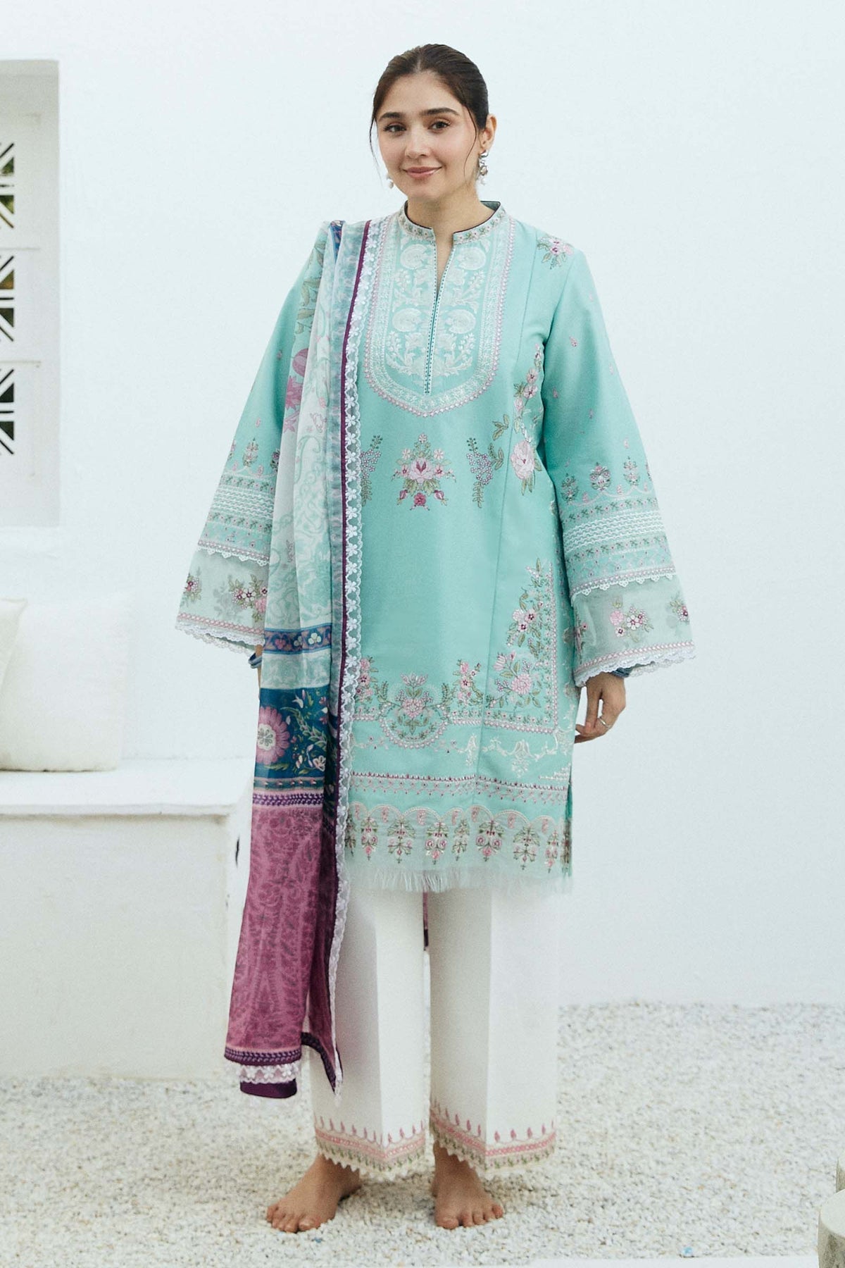 ZARA SHAH JAHAN - 3PC LAWN EMBROIDERED SHIRT WITH DIAMOND PRINTED DUPATTA AND TROUSER - HZG1669
