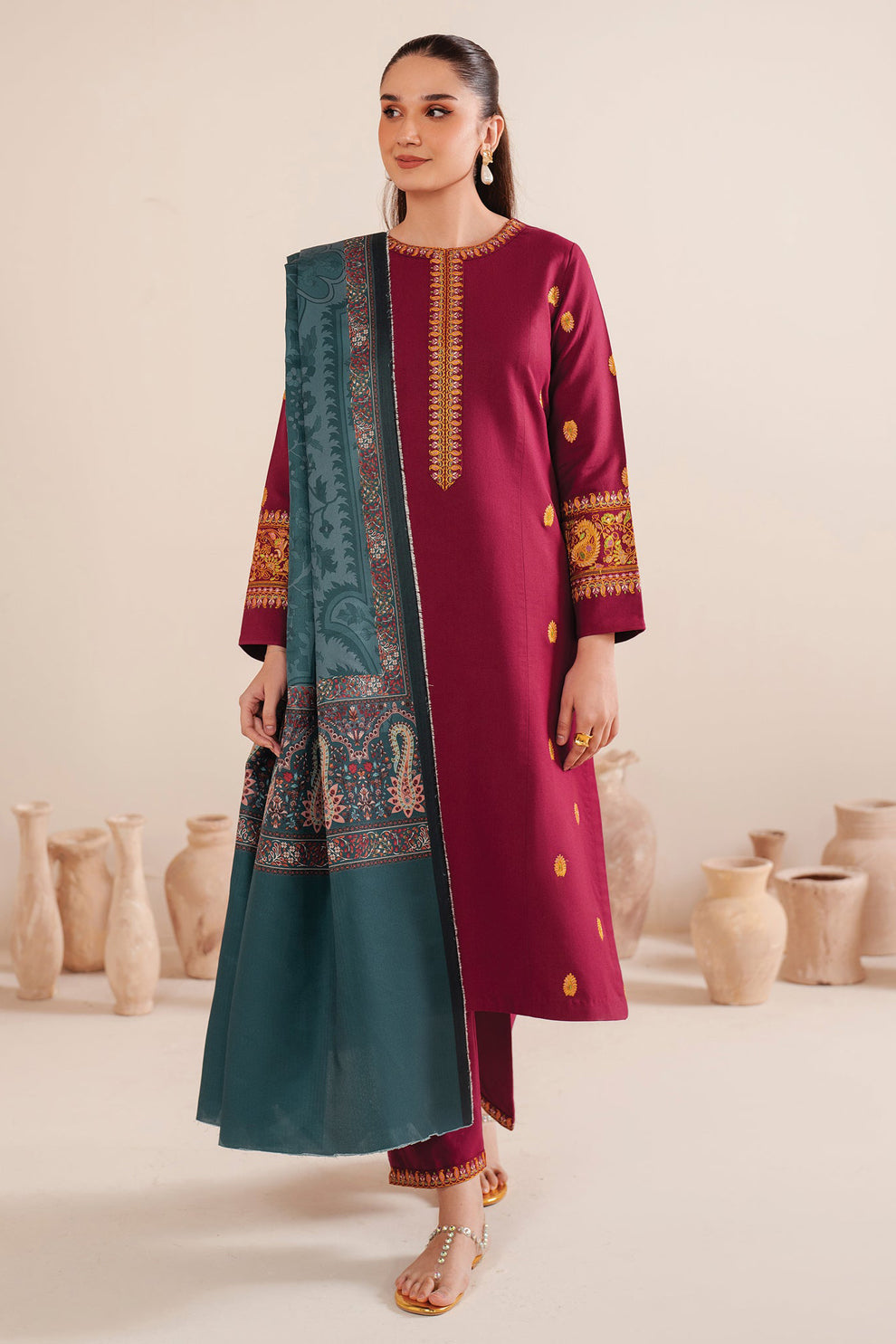 GARNET - 3PC LAWN EMBROIDERED SHIRT WITH MANAAR PRINTED DUPATTA AND TROUSER - HZG2102