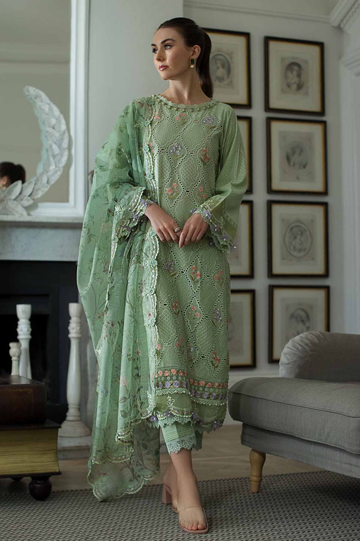SOBIA NAZIR - 3PC LAWN EMBROIDERED SHIRT WITH CHIFFON PRINTED DUPATTA AND TROUSER - HZG2900