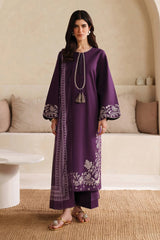 GARNET - 3PC DHANAK EMBROIDERED SHIRT WITH TWILL PRINTED SHAWL AND TROUSER - HZU2479