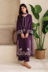 GARNET - 3PC DHANAK EMBROIDERED SHIRT WITH TWILL PRINTED SHAWL AND TROUSER - HZU2479