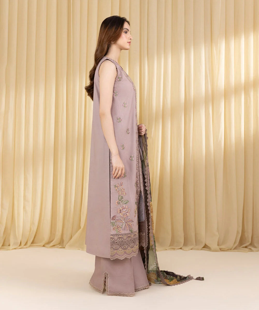 SAPPHIRE - 3PC DHANAK EMBROIDERED SHIRT WITH TWILL PRINTED SHAWL AND TROUSER - HZG2413