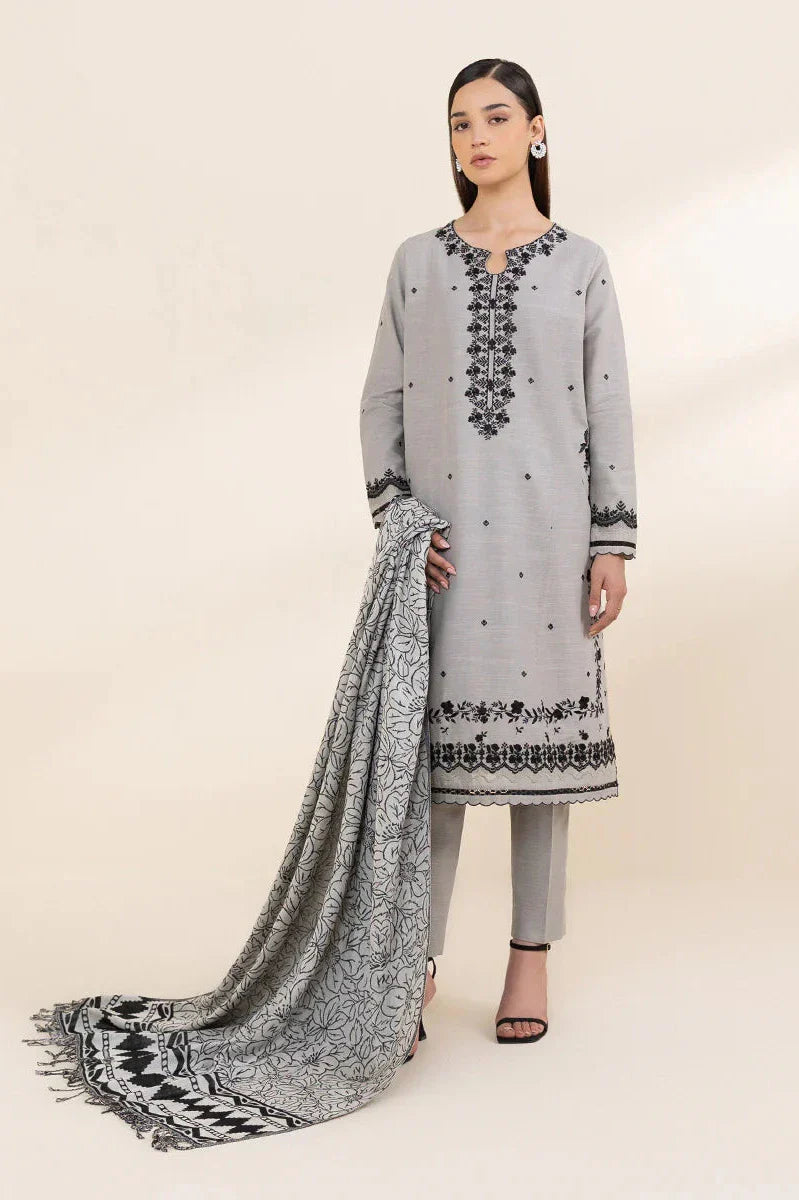 SAPPHIRE - 3PC KHADDAR EMBROIDERED SHIRT WITH TWILL PRINTED SHAWL AND TROUSER - HZG1926