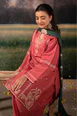 URGE - 3PC DHANAK EMBROIDERED SHIRT WITH TWILL PRINTED SHAWL AND TROUSER - HZG2385