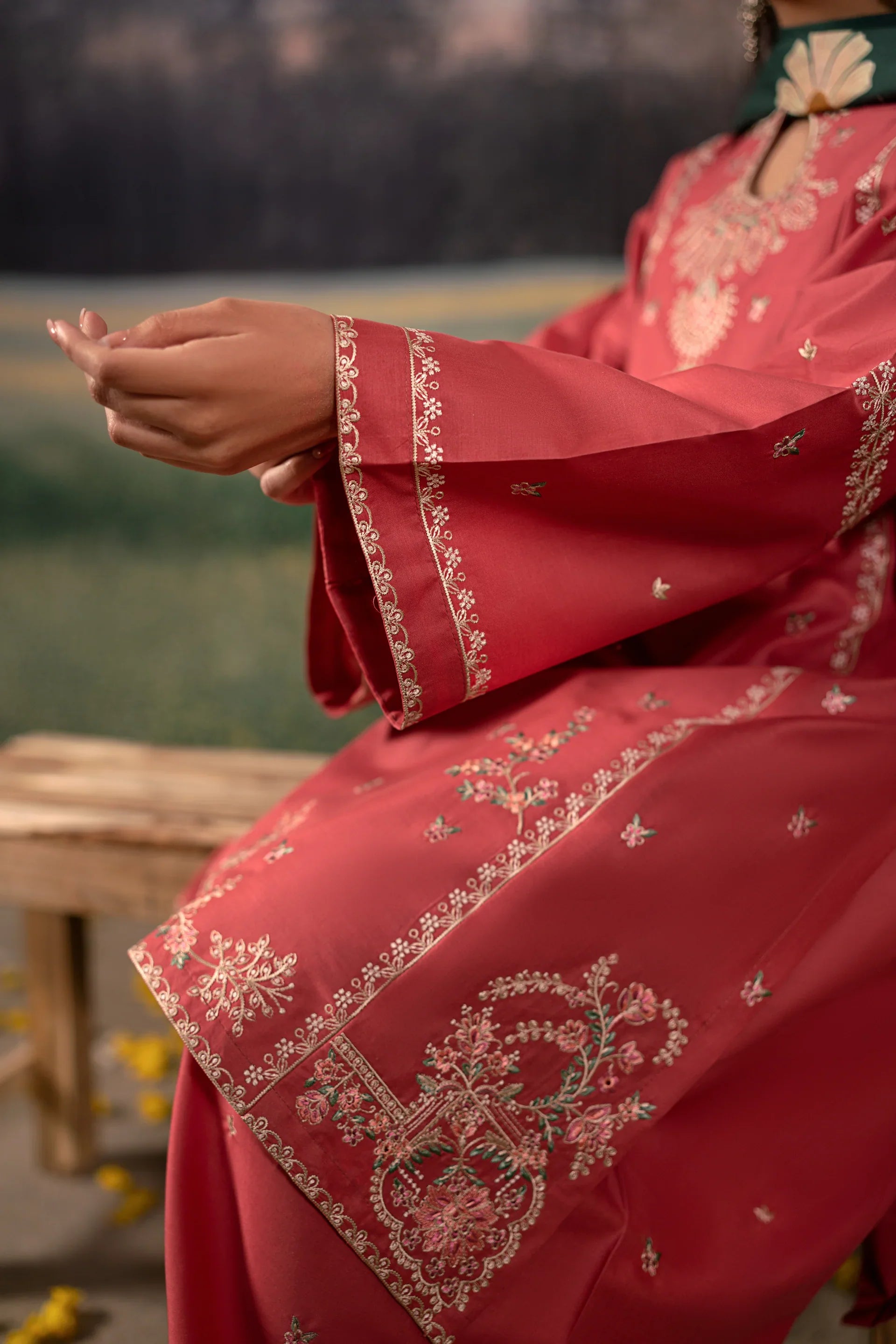 URGE - 3PC DHANAK EMBROIDERED SHIRT WITH TWILL PRINTED SHAWL AND TROUSER - HZG2385