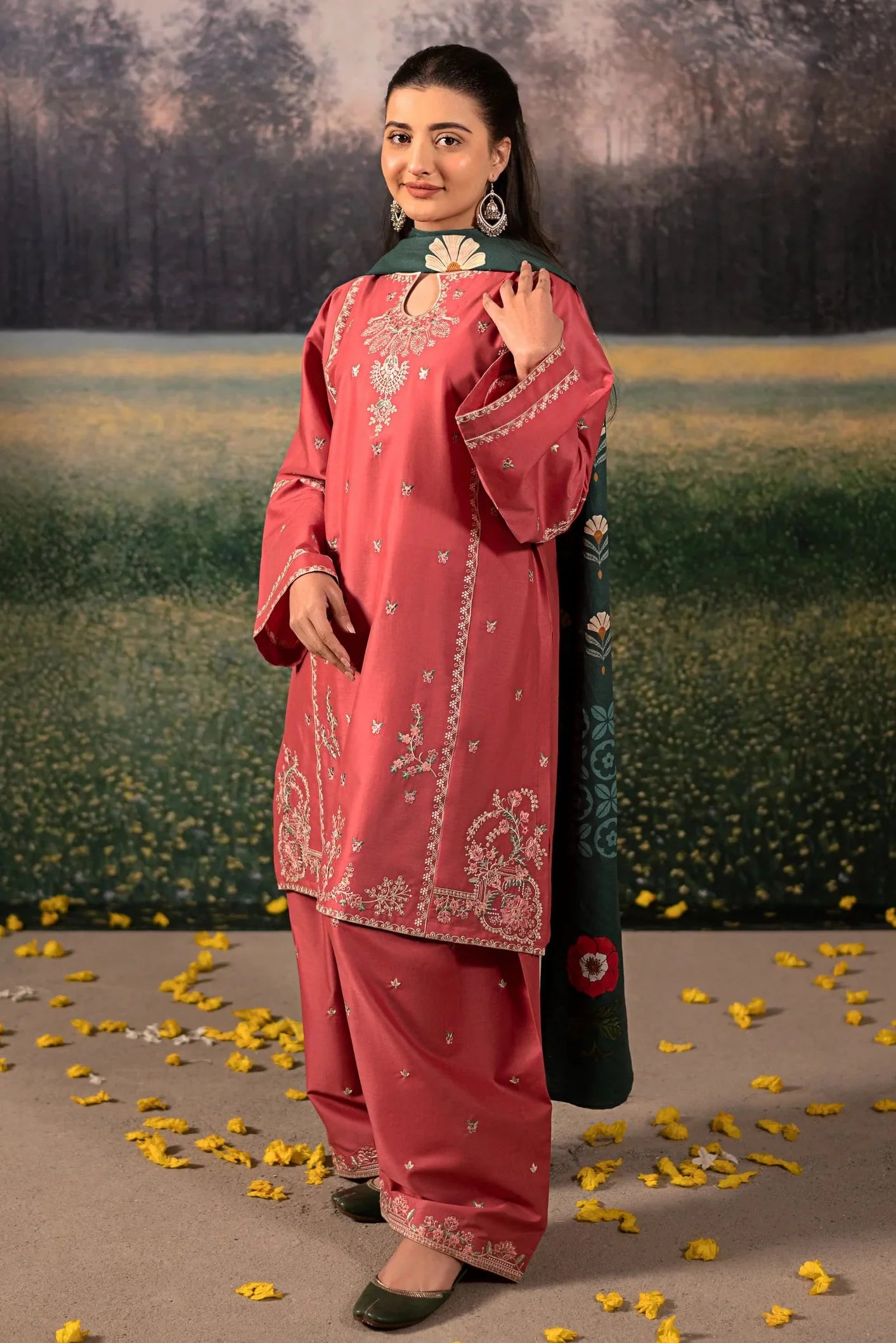 URGE - 3PC DHANAK EMBROIDERED SHIRT WITH TWILL PRINTED SHAWL AND TROUSER - HZG2385