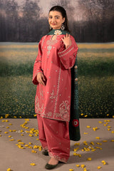 URGE - 3PC DHANAK EMBROIDERED SHIRT WITH TWILL PRINTED SHAWL AND TROUSER - HZG2385
