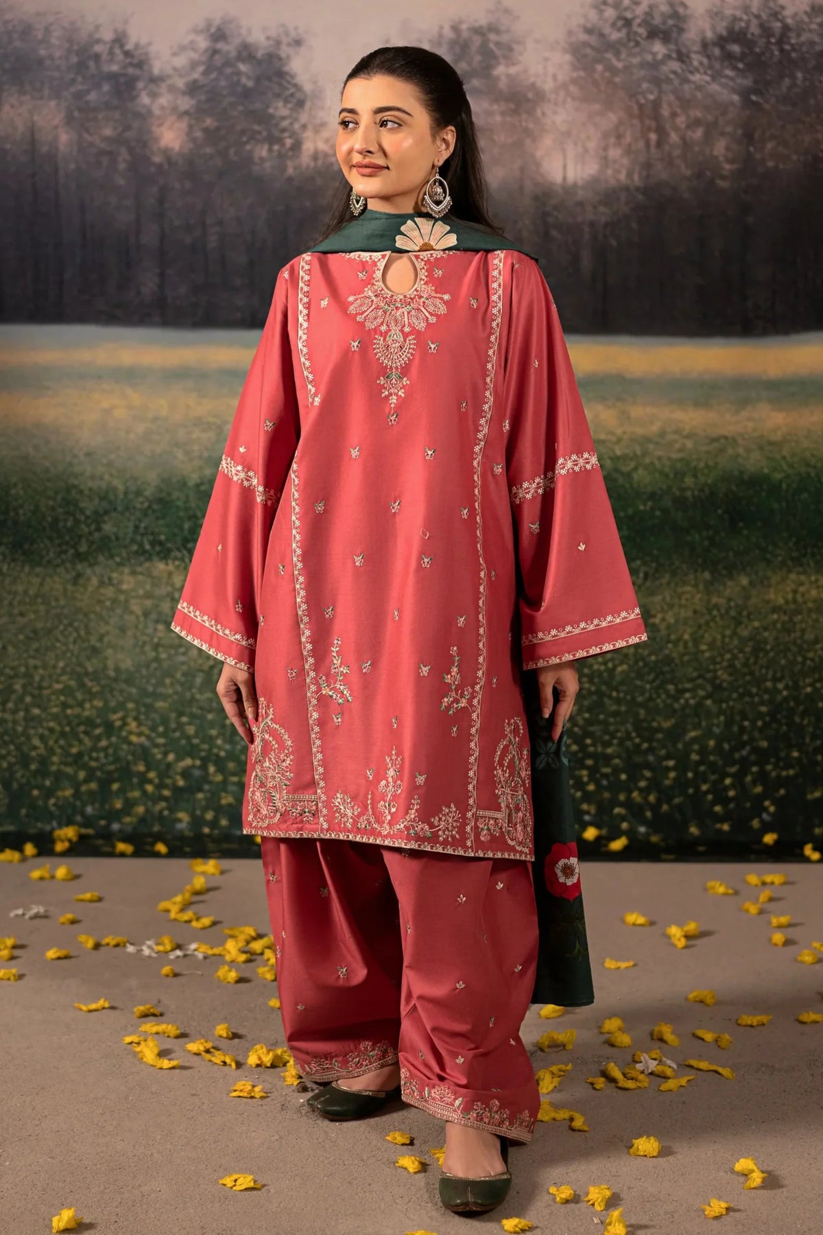 URGE - 3PC DHANAK EMBROIDERED SHIRT WITH TWILL PRINTED SHAWL AND TROUSER - HZG2385