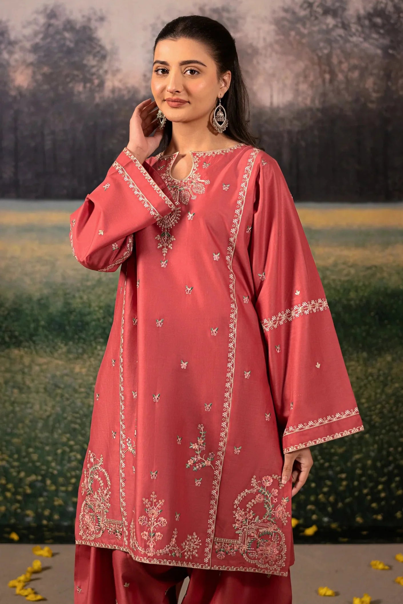 URGE - 3PC DHANAK EMBROIDERED SHIRT WITH TWILL PRINTED SHAWL AND TROUSER - HZG2385