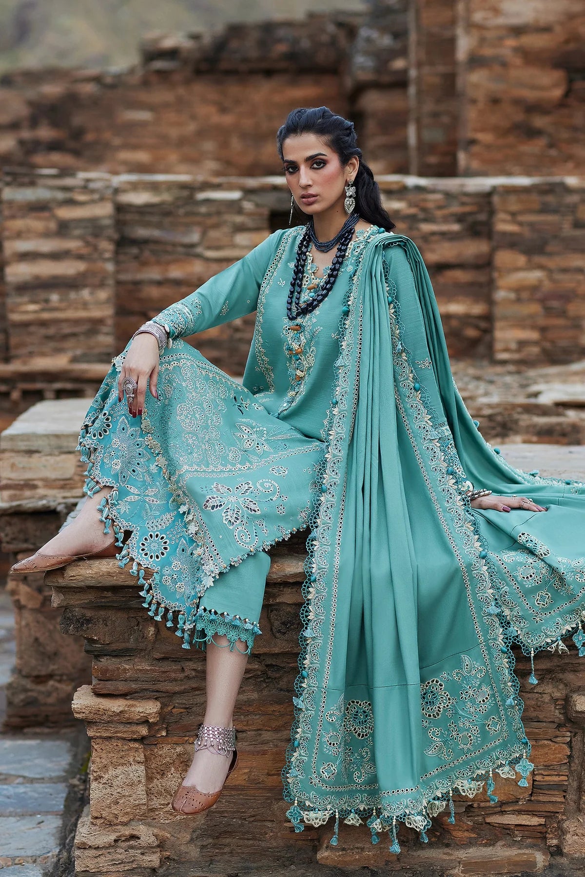 ELAN - 3PC DHANAK EMBROIDERED SHIRT WITH DHANAK EMBROIDERED SHAWL AND TROUSER - HZG2418
