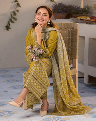 ALLYS - 3PC LAWN SEQUIN EMBROIDERED SHIRT WITH CHIFFON PRINTED DUPATTA AND TROUSER - HZG2865