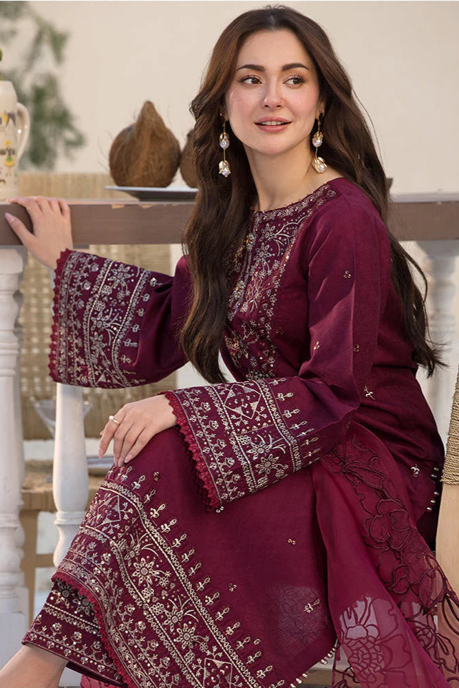 QALAMQAR - 3PC LAWN EMBROIDERED SHIRT WITH ORGANZA EMBROIDERED DUPATTA  AND TROUSER - HZG2209