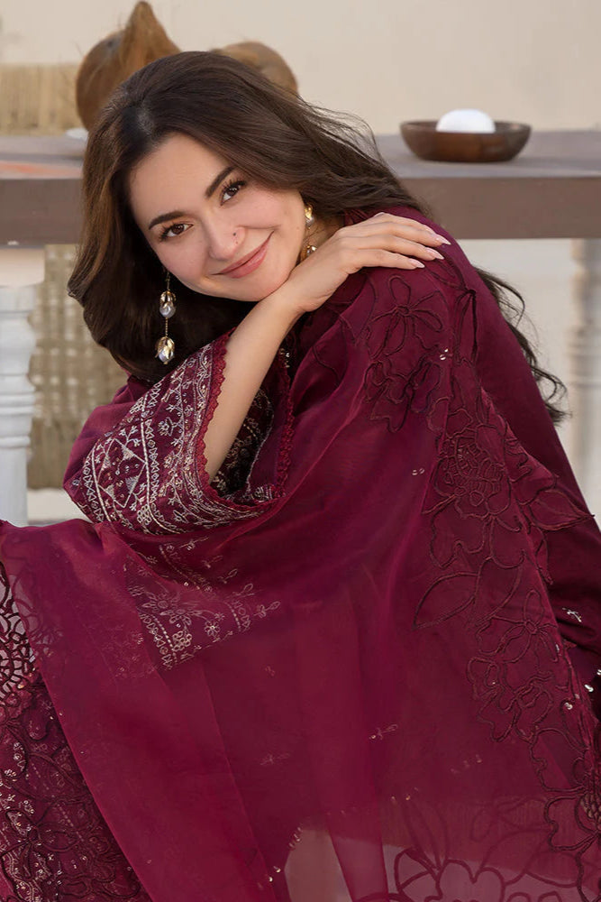 QALAMQAR - 3PC LAWN EMBROIDERED SHIRT WITH ORGANZA EMBROIDERED DUPATTA  AND TROUSER - HZG2209
