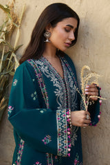 ZAHA - 3PC DHANAK EMBROIDERED SHIRT WITH DHANAK EMBROIDERED SHAWL AND TROUSER - HZG2316