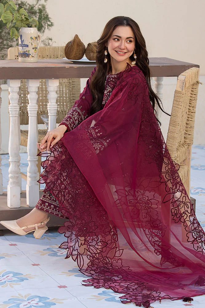 QALAMQAR - 3PC LAWN EMBROIDERED SHIRT WITH ORGANZA EMBROIDERED DUPATTA  AND TROUSER - HZG2209