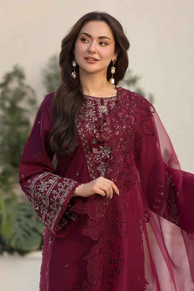 QALAMQAR - 3PC LAWN EMBROIDERED SHIRT WITH ORGANZA EMBROIDERED DUPATTA  AND TROUSER - HZG2209