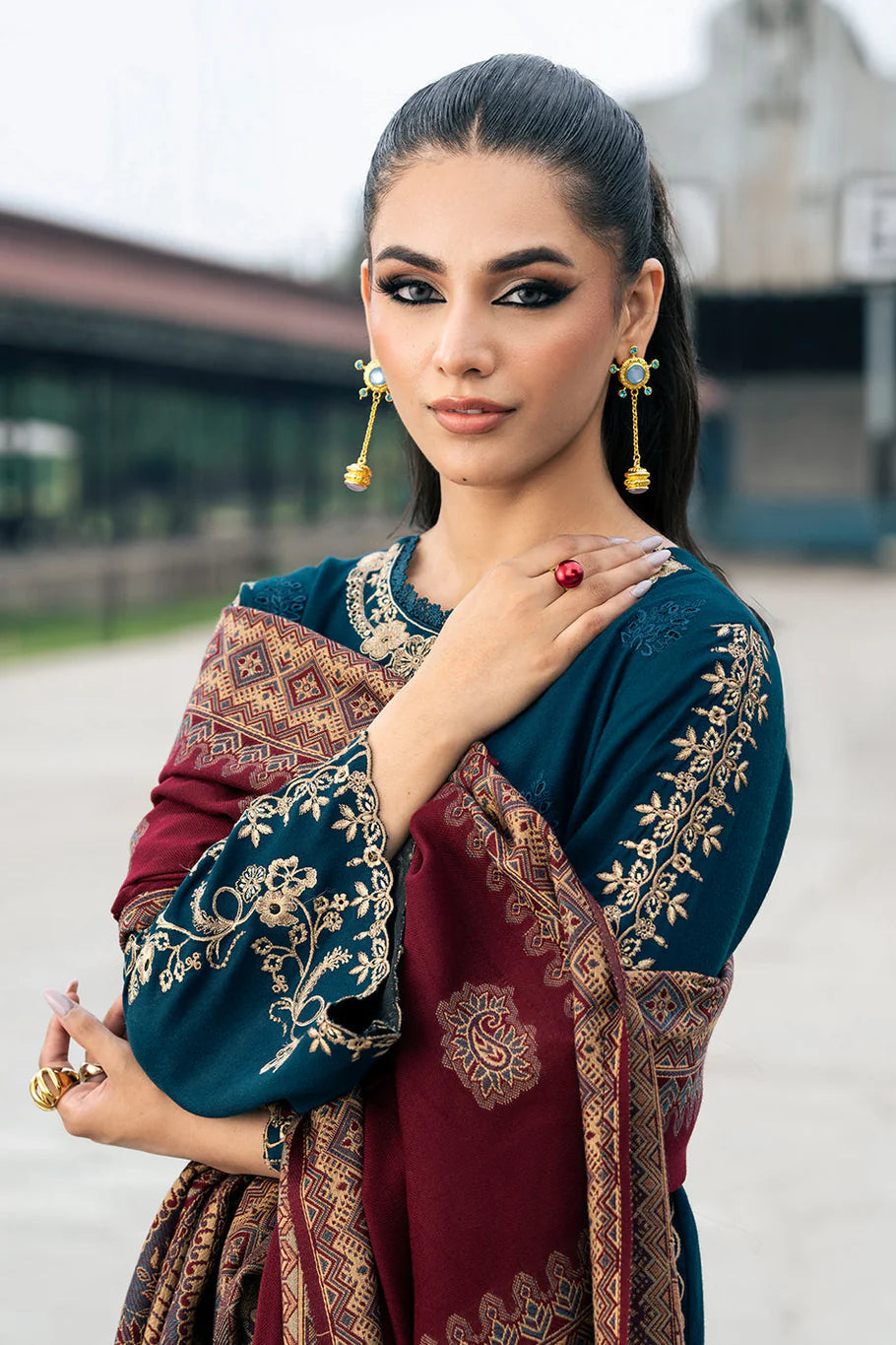 IZEL - 3PC DHANAK EMBROIDERED SHIRT WITH TWILL PRINTED SHAWL AND TROUSER - HZG2419
