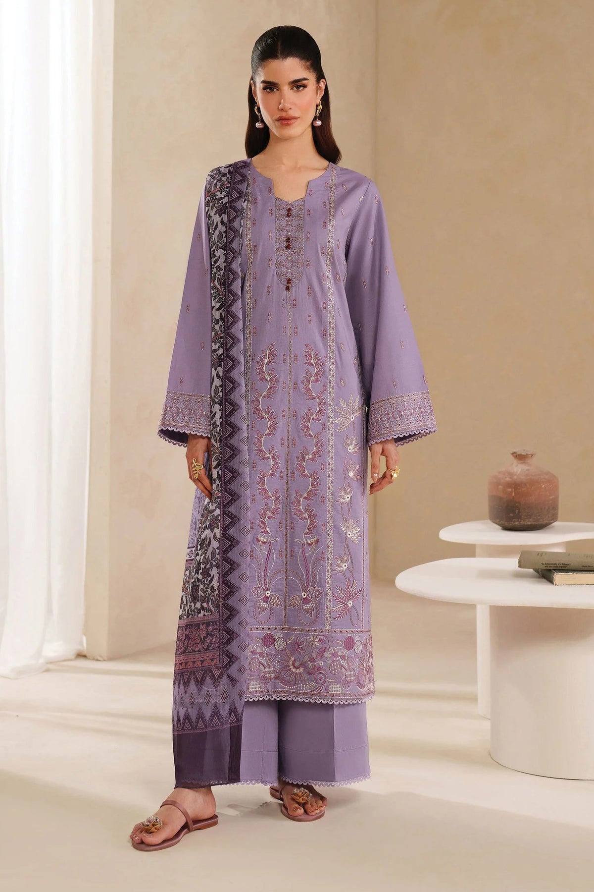 GARNET - 3PC DHANAK EMBROIDERED SHIRT WITH TWILL PRINTED SHAWL AND TROUSER - HZU2483