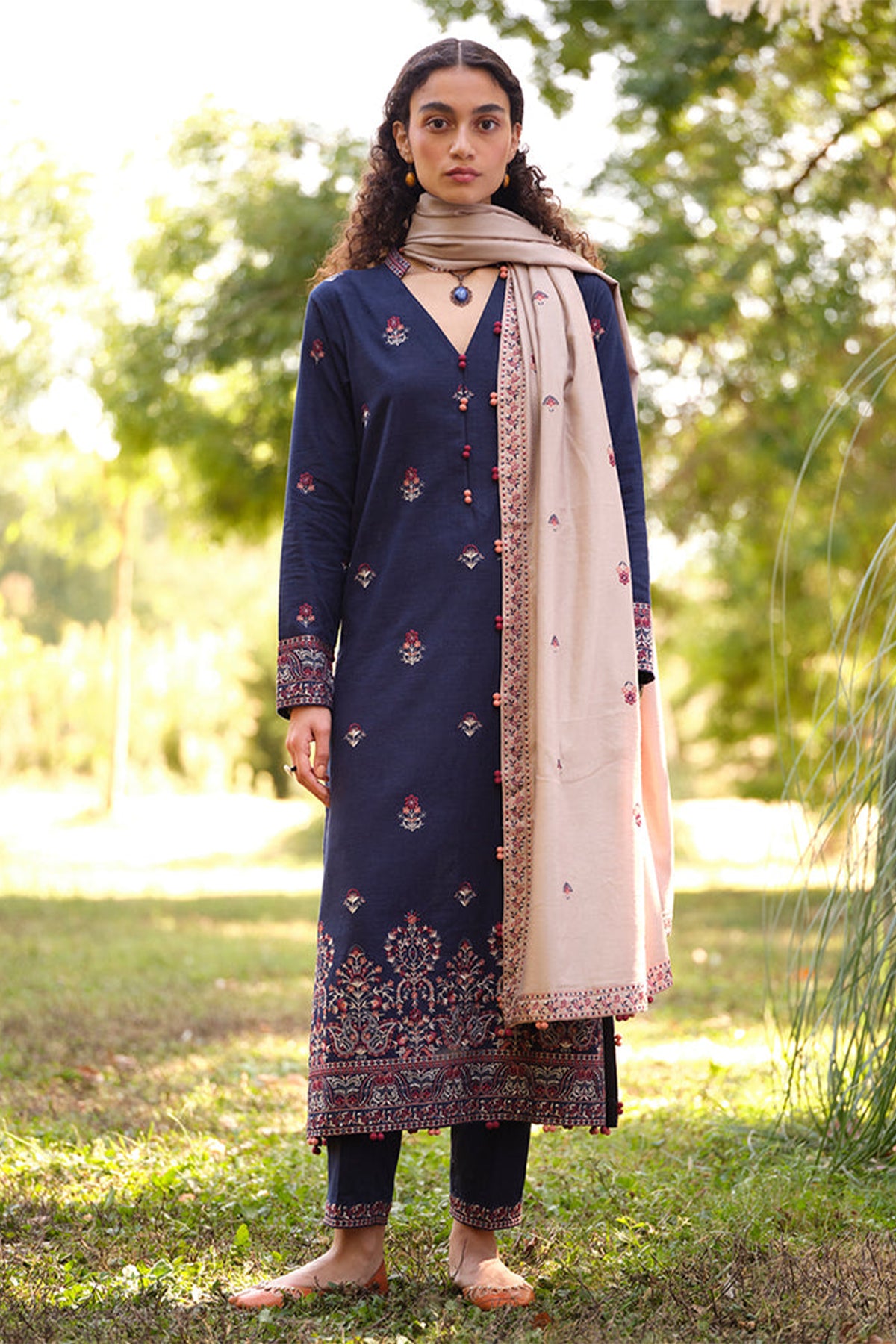 MARIA B - 3PC DHANAK EMBROIDERED SHIRT WITH DHANAK EMBROIDERED SHAWL AND TROUSER - HZG1481