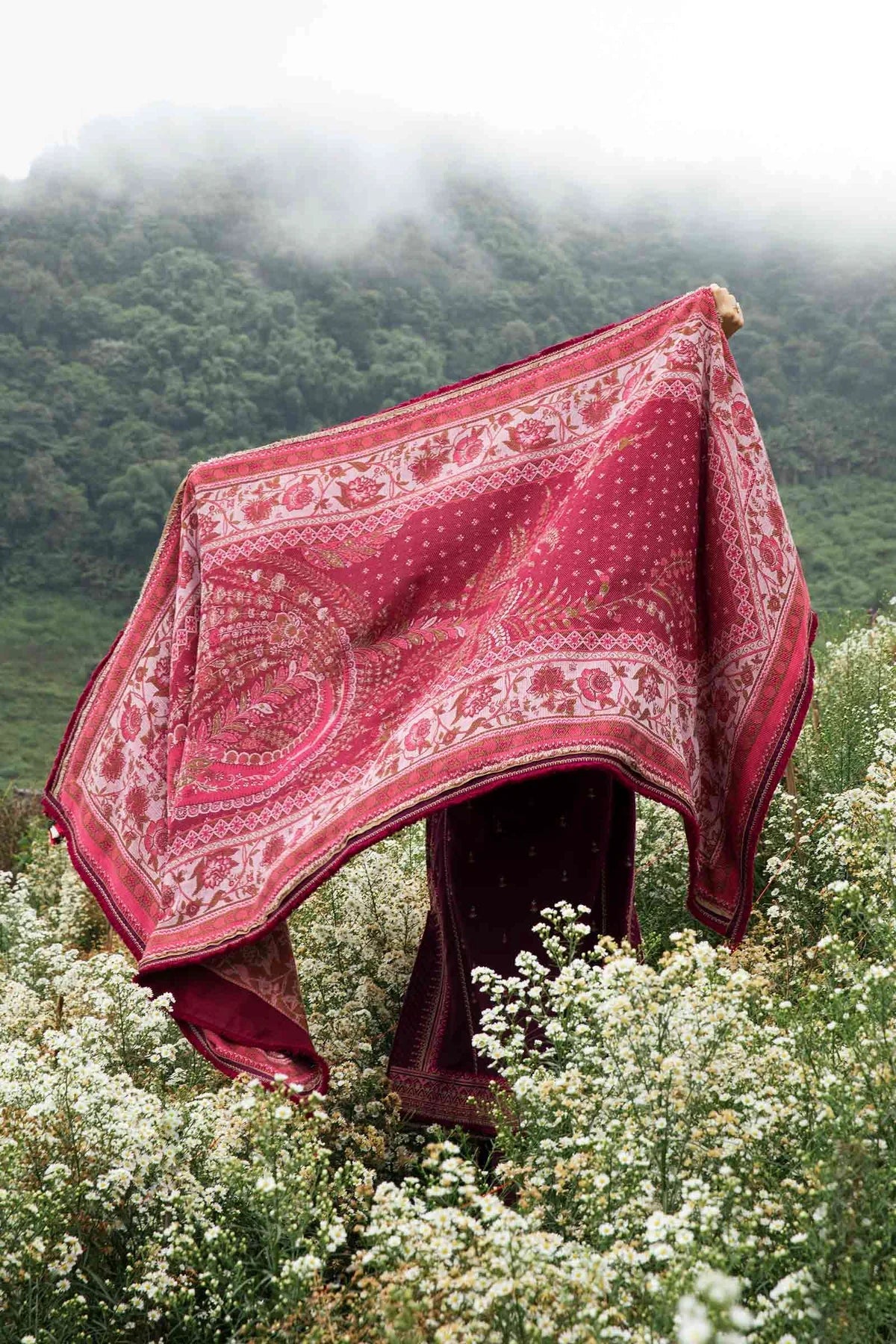 FLORENT - 3PC DHANAK EMBROIDERED SHIRT WITH TWILL PRINTED SHAWL AND TROUSER - HZG2324