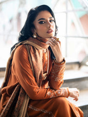 IZEL - 3PC DHANAK EMBROIDERED SHIRT WITH DHANAK EMBROIDERED SHAWL AND TROUSER - HZU2427
