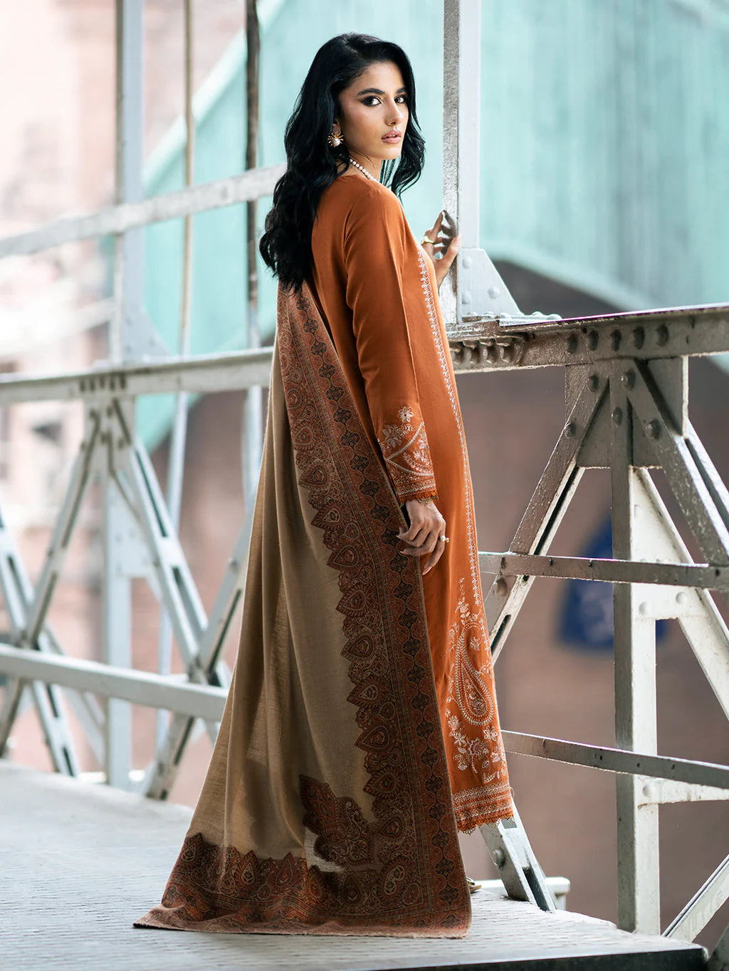 IZEL - 3PC DHANAK EMBROIDERED SHIRT WITH DHANAK EMBROIDERED SHAWL AND TROUSER - HZU2427
