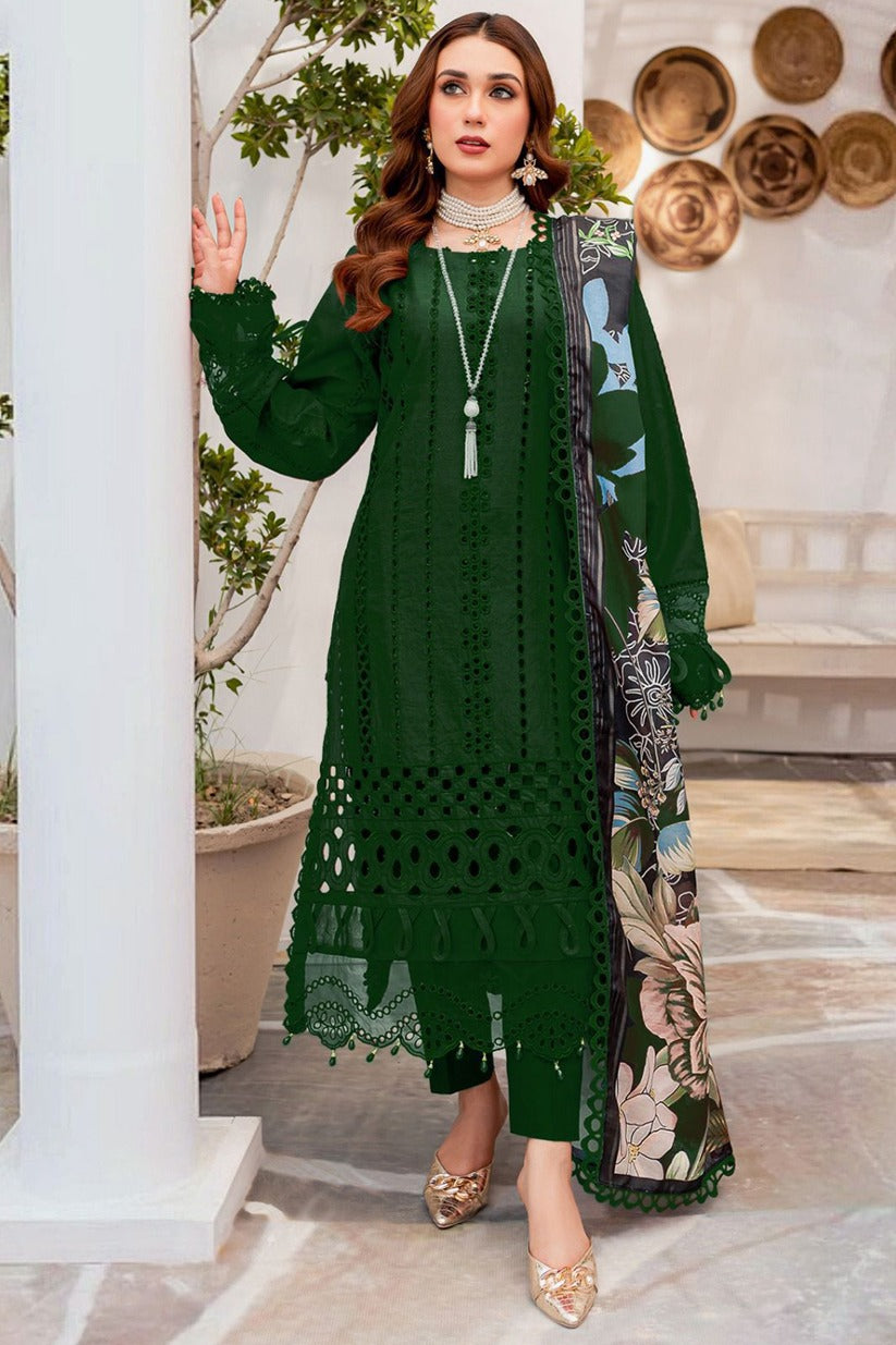 MARIA B - 3PC CHIKANKARI LAWN EMBROIDERED SHIRT WITH SOFT PRINTED DUPATTA AND TROUSER - HZG1559