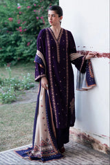 GARNET - 3PC DHANAK EMBROIDERED SHIRT WITH TWILL PRINTED SHAWL AND TROUSER - HZU2486