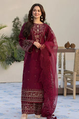 QALAMQAR - 3PC LAWN EMBROIDERED SHIRT WITH ORGANZA EMBROIDERED DUPATTA  AND TROUSER - HZG2209