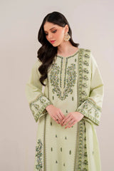 GARNET - 3PC DHANAK EMBROIDERED SHIRT WITH DHANAK EMBROIDERED SHAWL AND TROUSER - HZG2404