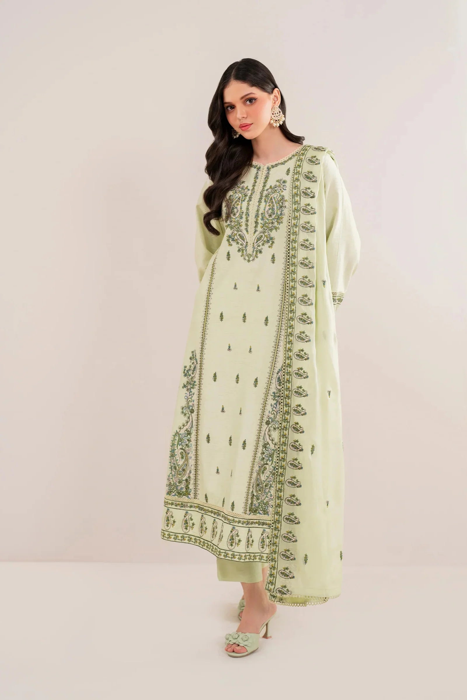 GARNET - 3PC DHANAK EMBROIDERED SHIRT WITH DHANAK EMBROIDERED SHAWL AND TROUSER - HZG2404