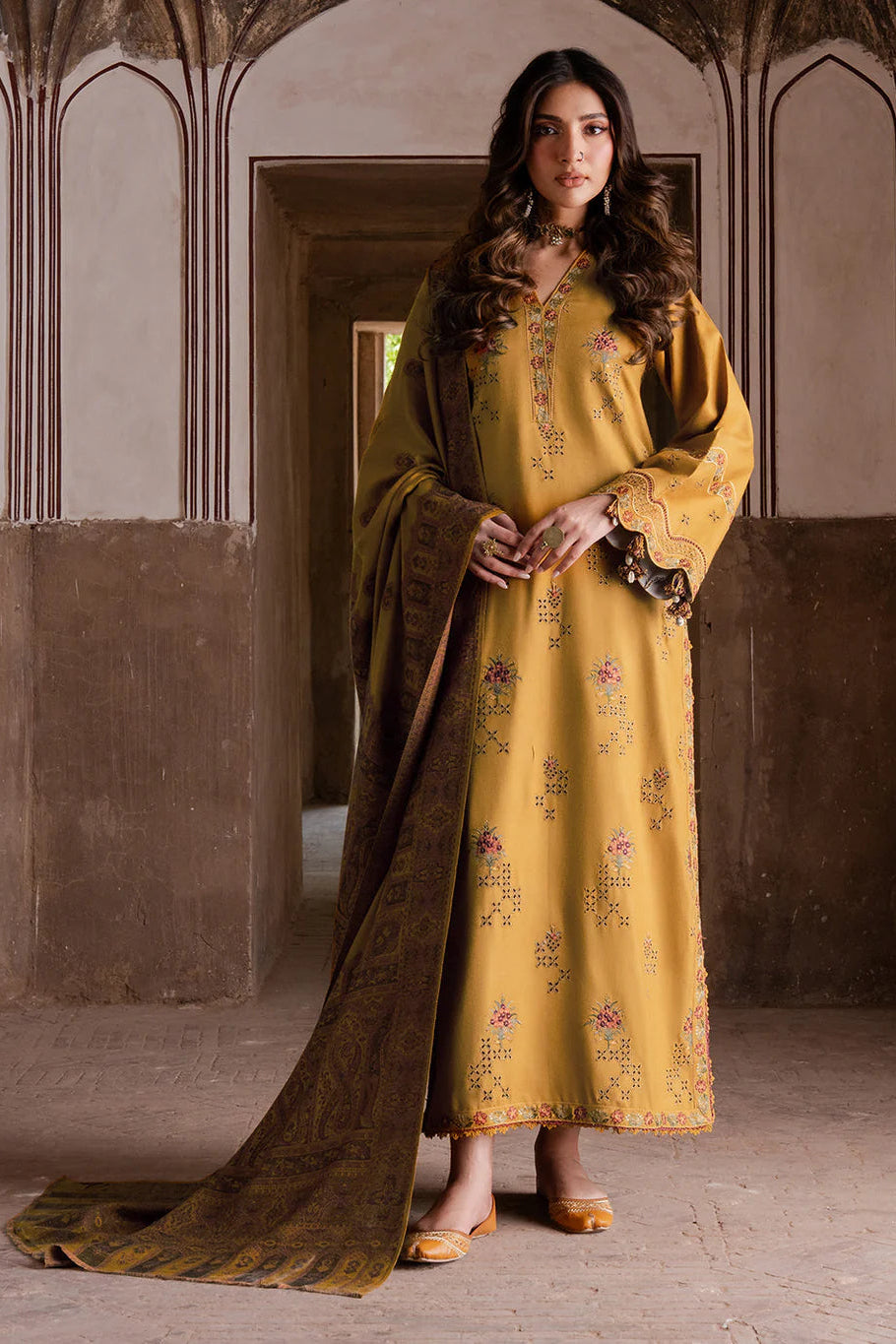 IZEL - 3PC DHANAK EMBROIDERED SHIRT WITH TWILL PRINTED SHAWL AND TROUSER - HZU2580