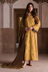 IZEL - 3PC DHANAK EMBROIDERED SHIRT WITH TWILL PRINTED SHAWL AND TROUSER - HZU2580