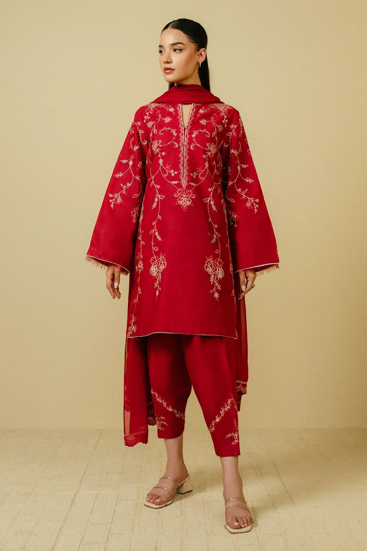 ZARA SHAHJAHAN - 3PC DHANAK EMBROIDERED SHIRT WITH CHIFFON EMBROIDERED DUPPATA AND TROUSER - HZG1825