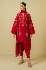 ZARA SHAHJAHAN - 3PC DHANAK EMBROIDERED SHIRT WITH CHIFFON EMBROIDERED DUPPATA AND TROUSER - HZG1825