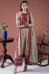 ASIM JOFA - 3PC DHANAK EMBROIDERED SHIRT WITH DHANAK EMBROIDERED SHAWL AND TROUSER - HZG2409