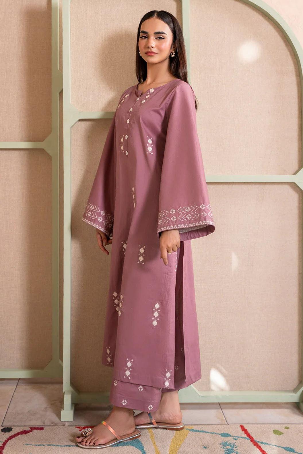 IZEL - 2PC DHANAK EMBROIDERED SHIRT WITH DHANAK EMBROIDERED TROUSER - HZG2336